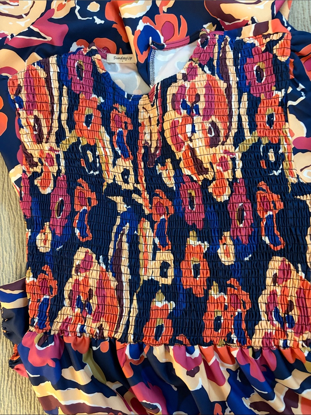 Smocked Bodice Maxi Dress in Navy with Pink & Orange Floral - Picture 4 of 9